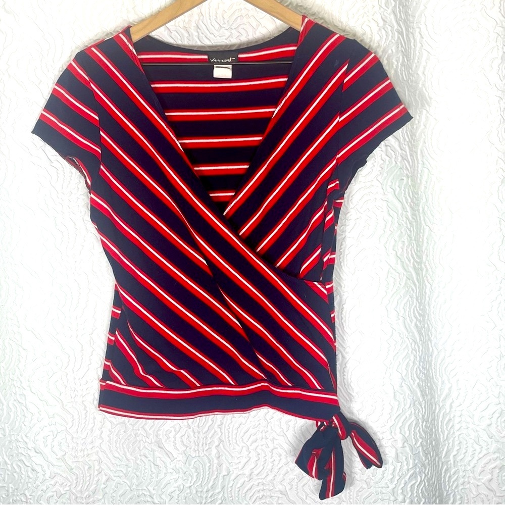 VINTAGE VON MOZART Navy & Red Striped Wrap Top - Large